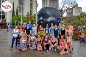 Group photo during the walking tour of Medellin, Colombia