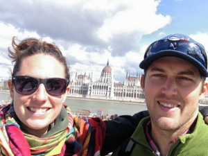 The gargantuan Hungarian Parliament in the background.